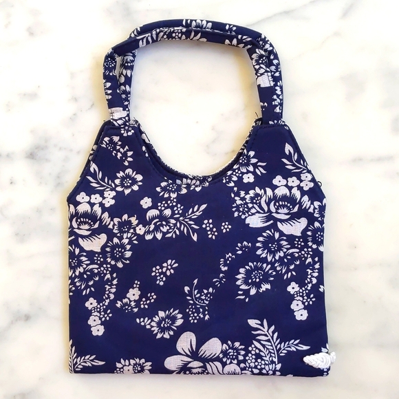 NWT. Cotton/Linen Navy Blue/White Floral Asian Small Bag w/Embroidery/Zip/Lining - Picture 2 of 4